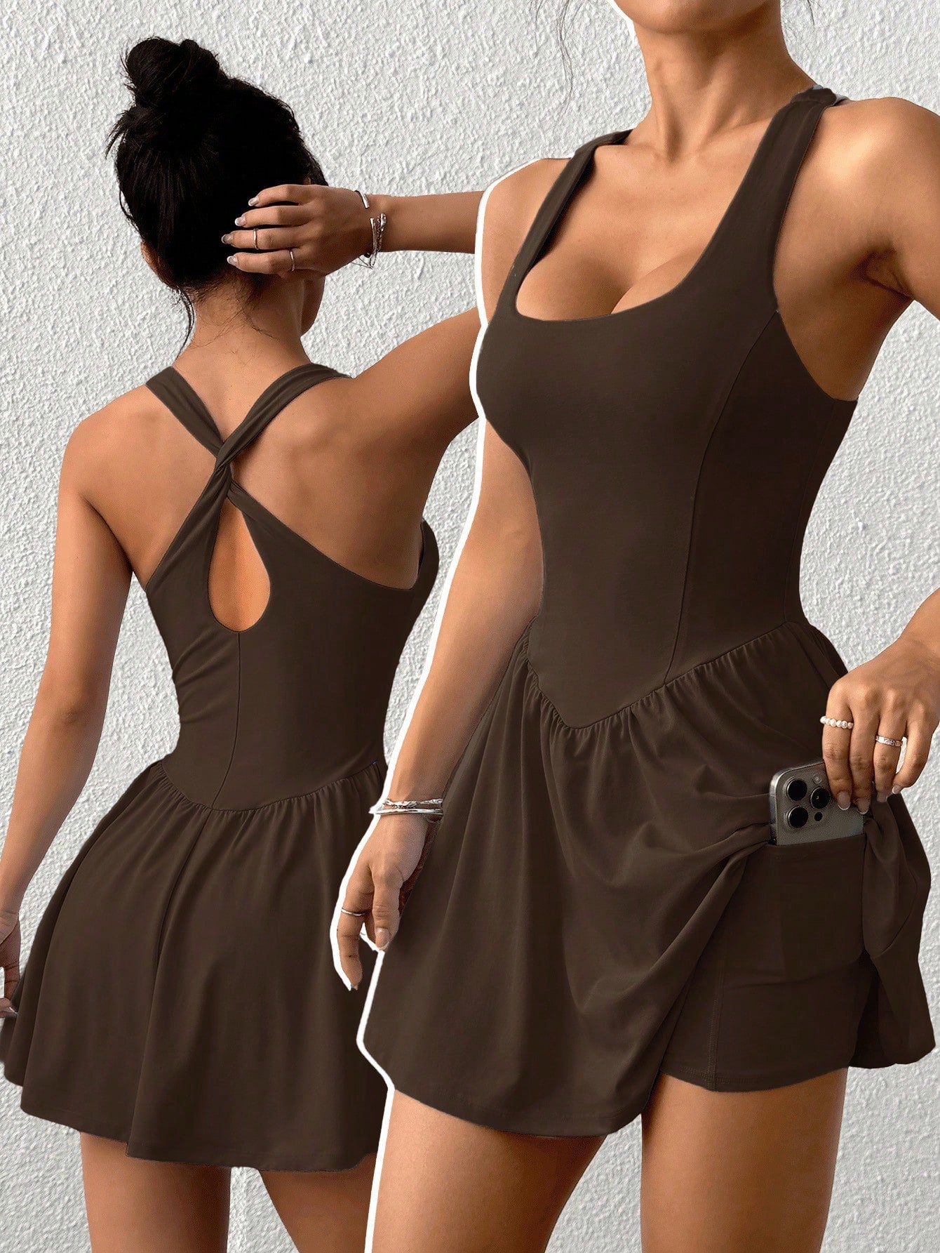 EZwear Solid Color Wide Strap Sporty Casual Dress With Attached Shorts