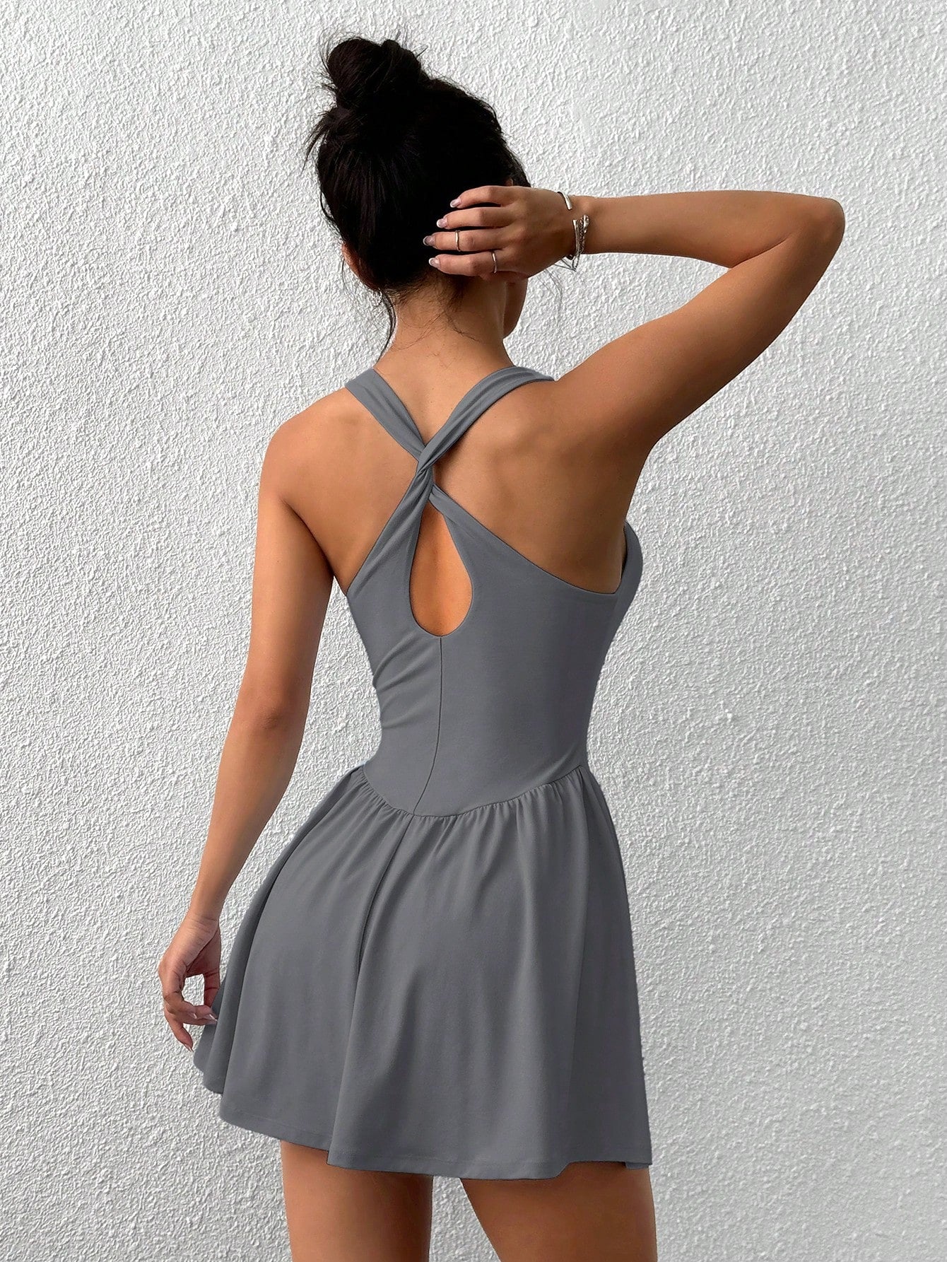 EZwear Solid Color Wide Strap Sporty Casual Dress With Attached Shorts