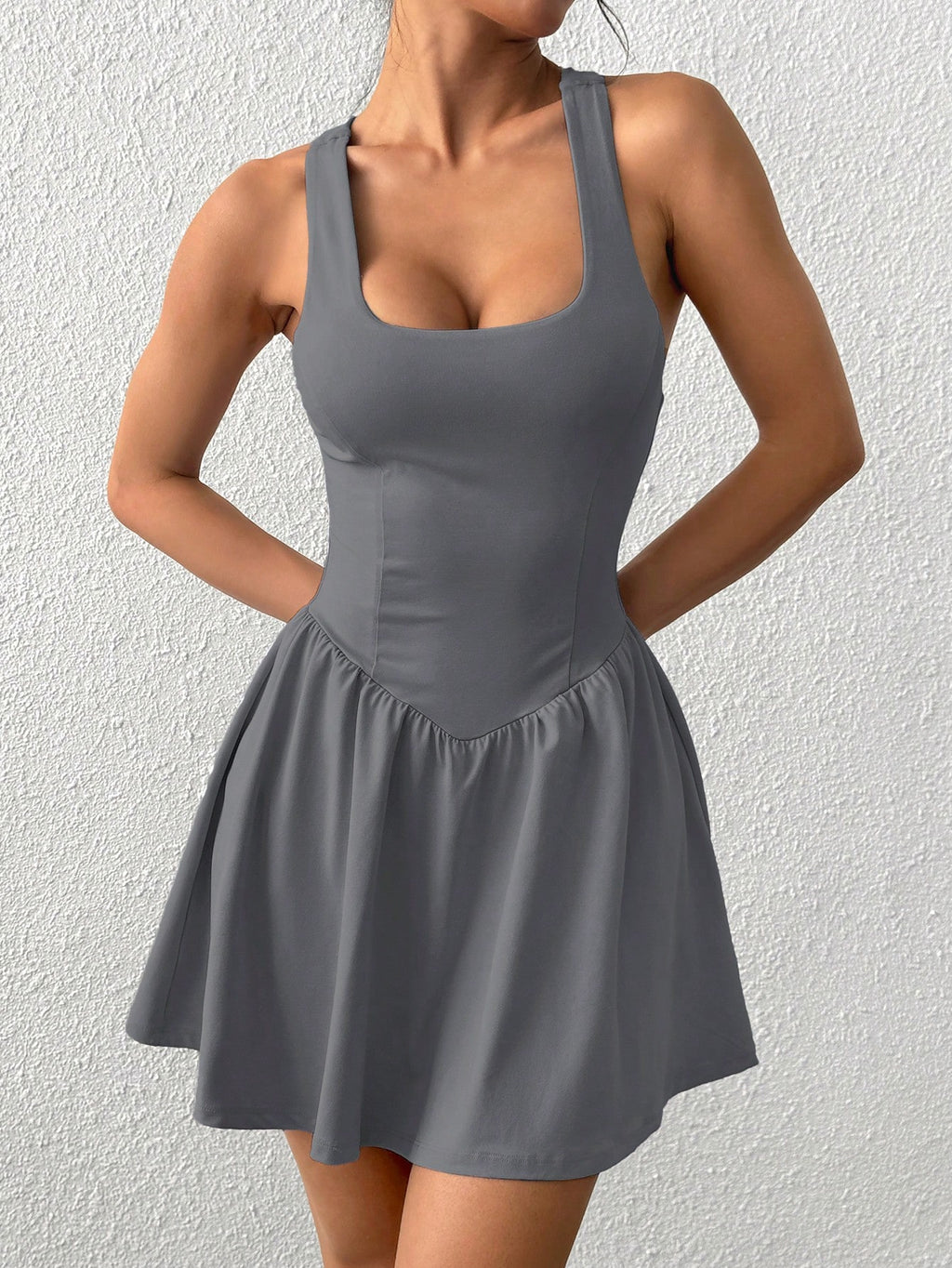 EZwear Solid Color Wide Strap Sporty Casual Dress With Attached Shorts