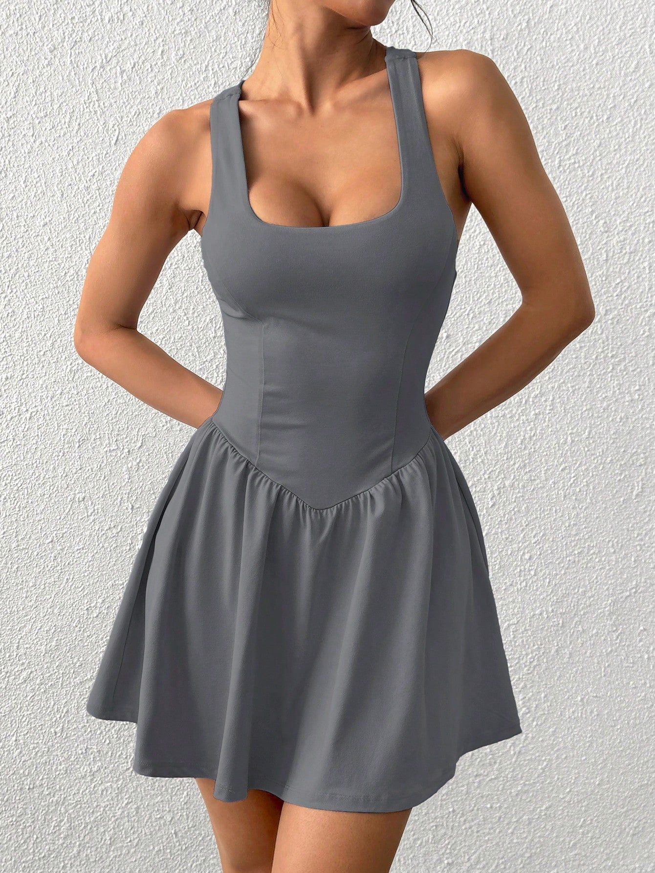 EZwear Solid Color Wide Strap Sporty Casual Dress With Attached Shorts