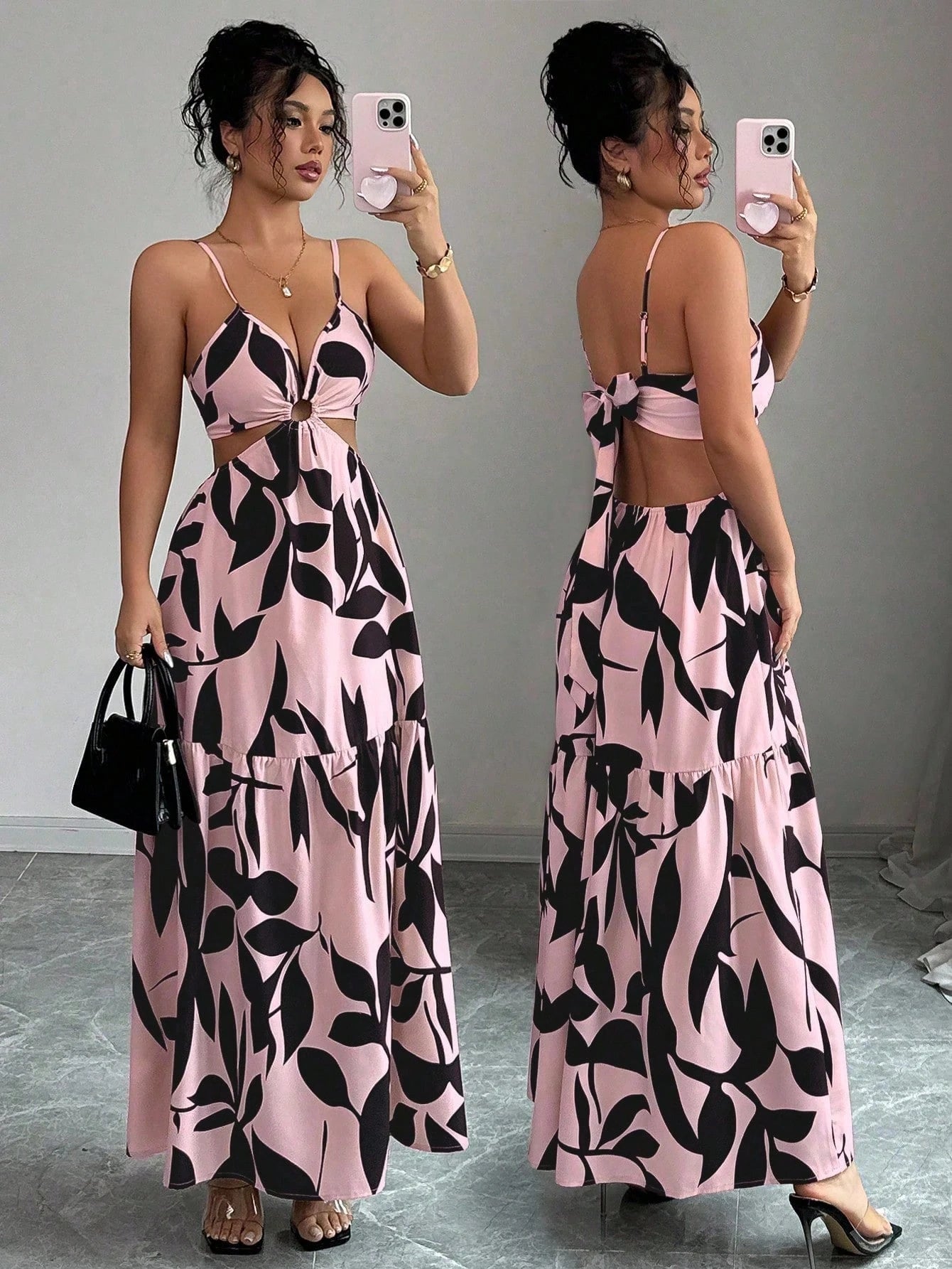 Elenzga Women's Summer New Spaghetti Strap Cinched Waist Dye Print Dress (Asymmetric Floral Pattern) - image 15