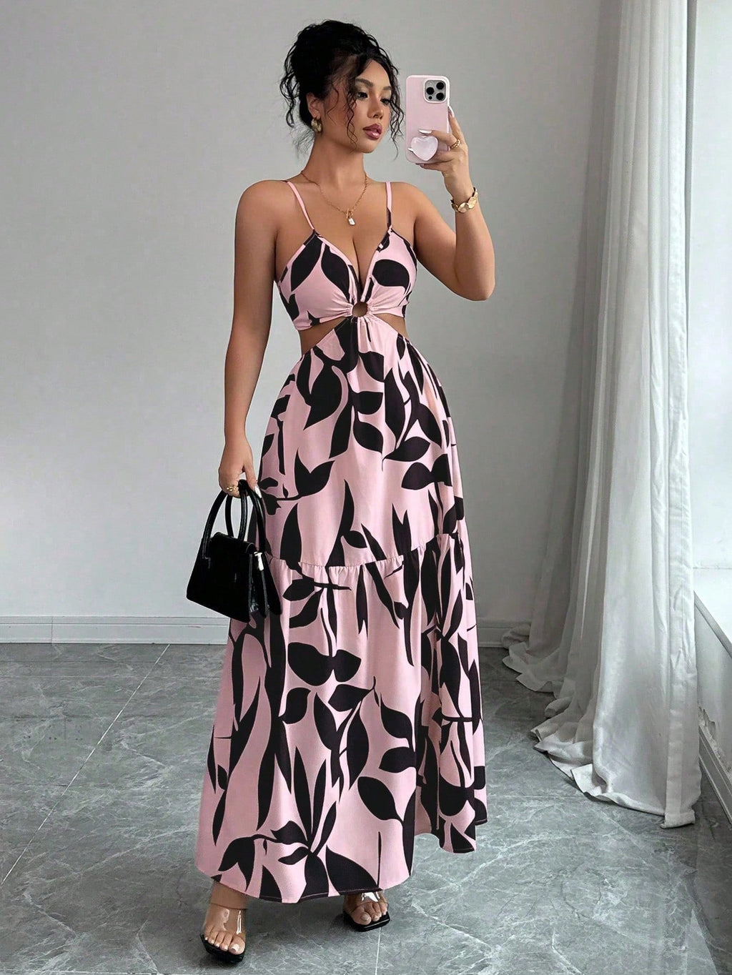 Elenzga Women's Summer New Spaghetti Strap Cinched Waist Dye Print Dress (Asymmetric Floral Pattern) - image 17