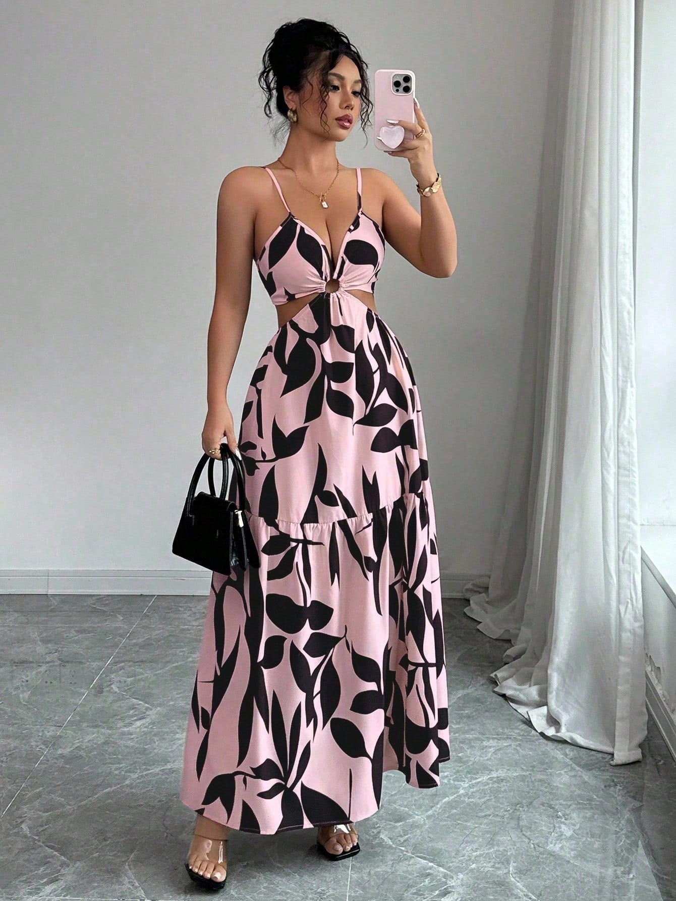 Elenzga Women's Summer New Spaghetti Strap Cinched Waist Dye Print Dress (Asymmetric Floral Pattern) - image 17