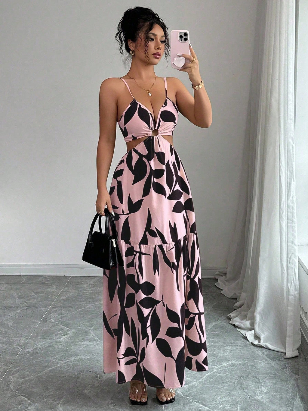 Elenzga Women's Summer New Spaghetti Strap Cinched Waist Dye Print Dress (Asymmetric Floral Pattern) - image 18