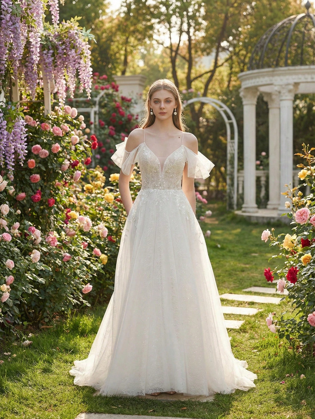 YOUKEFEIER Summer Elegant Spaghetti Strap Flutter Sleeve Lace Embroidered Maxi Wedding Dress Romantic Bridal - image 10