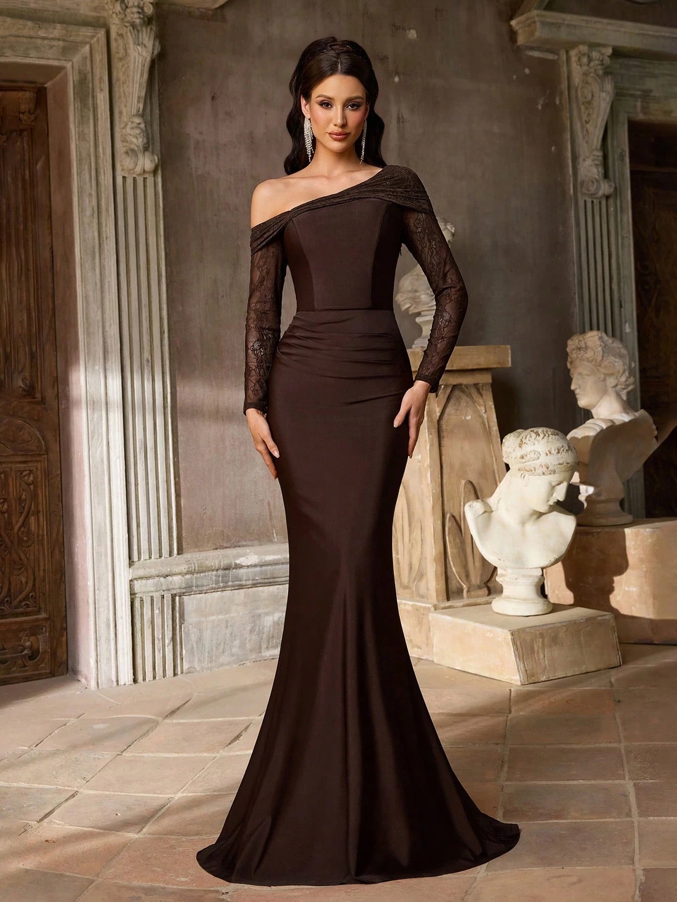 Aureia Olive Green Winter Elegant Formal Prom French Lace Embroidery Sheer Long Sleeve V-Neck Ruched Waist - image 8