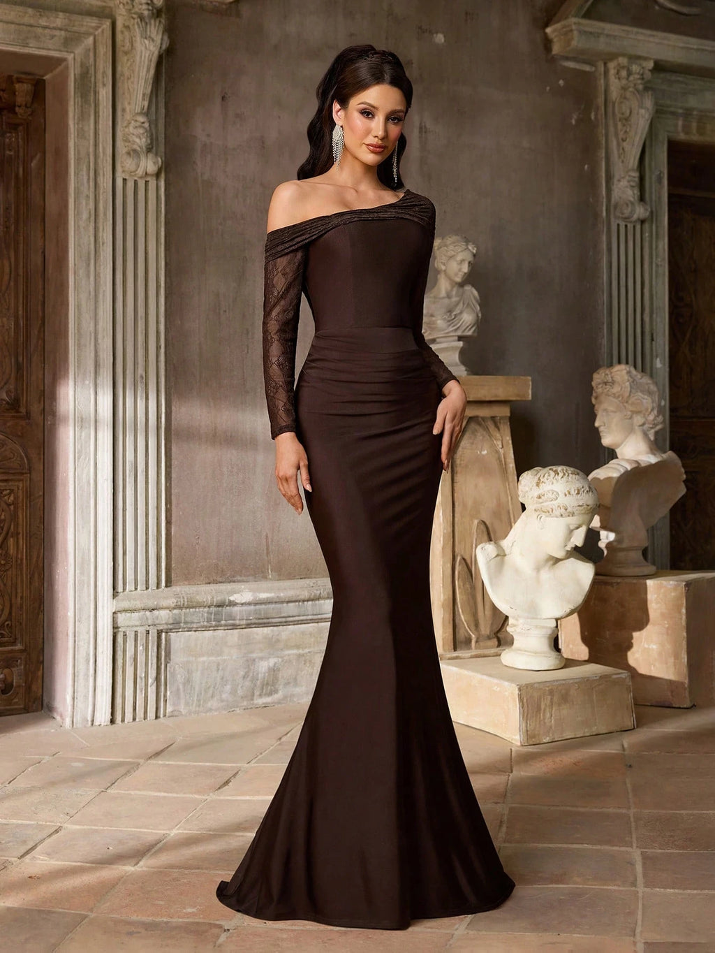 Aureia Olive Green Winter Elegant Formal Prom French Lace Embroidery Sheer Long Sleeve V-Neck Ruched Waist - image 11