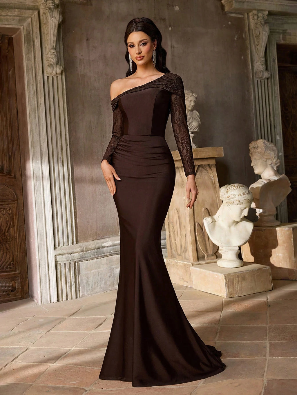 Aureia Olive Green Winter Elegant Formal Prom French Lace Embroidery Sheer Long Sleeve V-Neck Ruched Waist - image 12