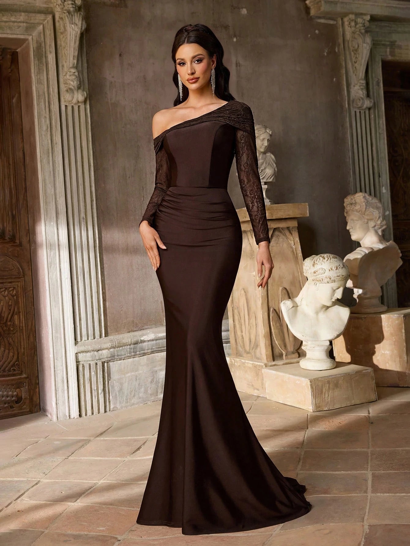 Aureia Olive Green Winter Elegant Formal Prom French Lace Embroidery Sheer Long Sleeve V-Neck Ruched Waist - image 12
