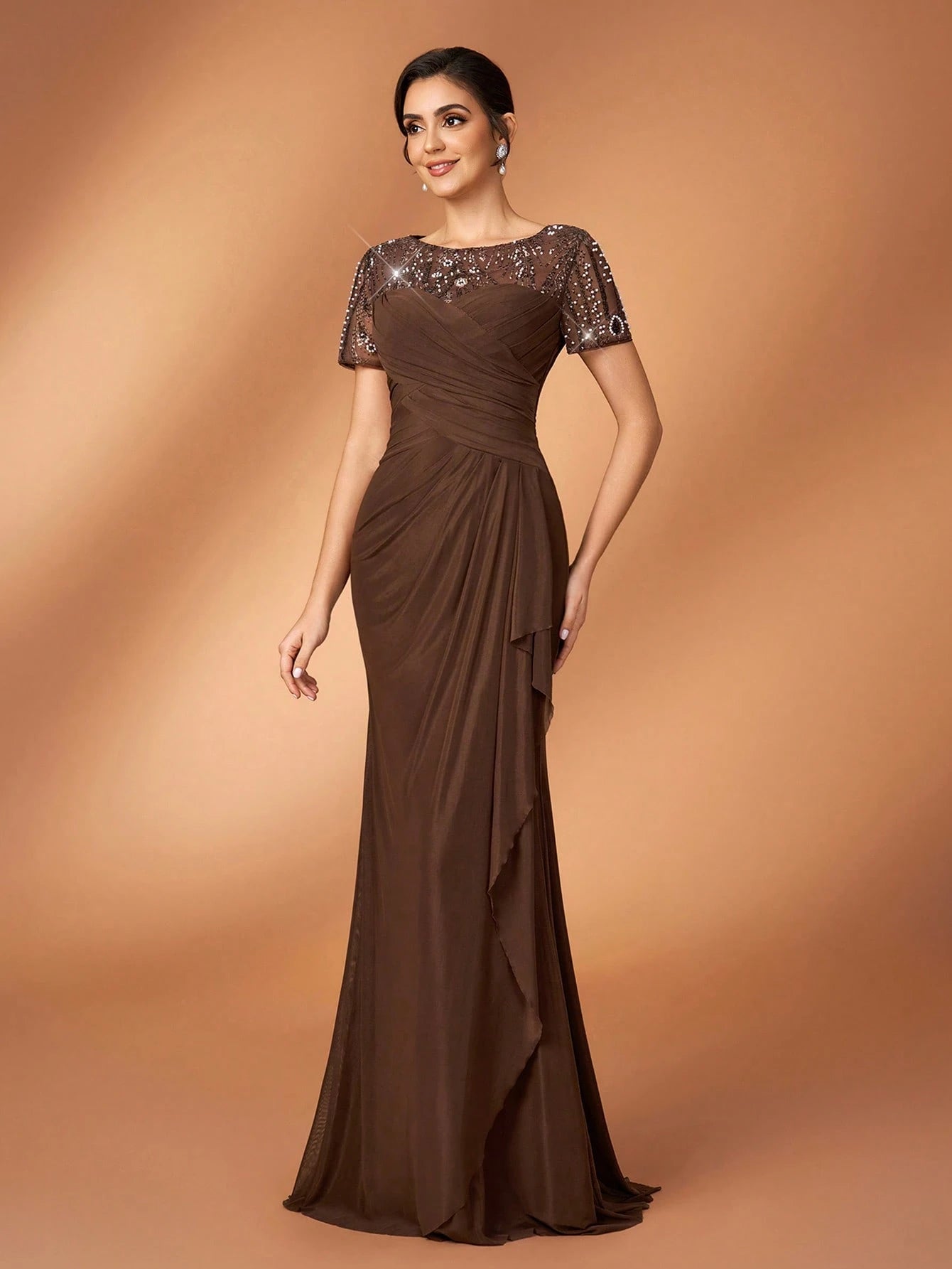 Serin Chocolate Brown Winter Elegant Evening Formal Wedding Pearl Beaded Floral Splice Knit Mesh Ruffle - image 3