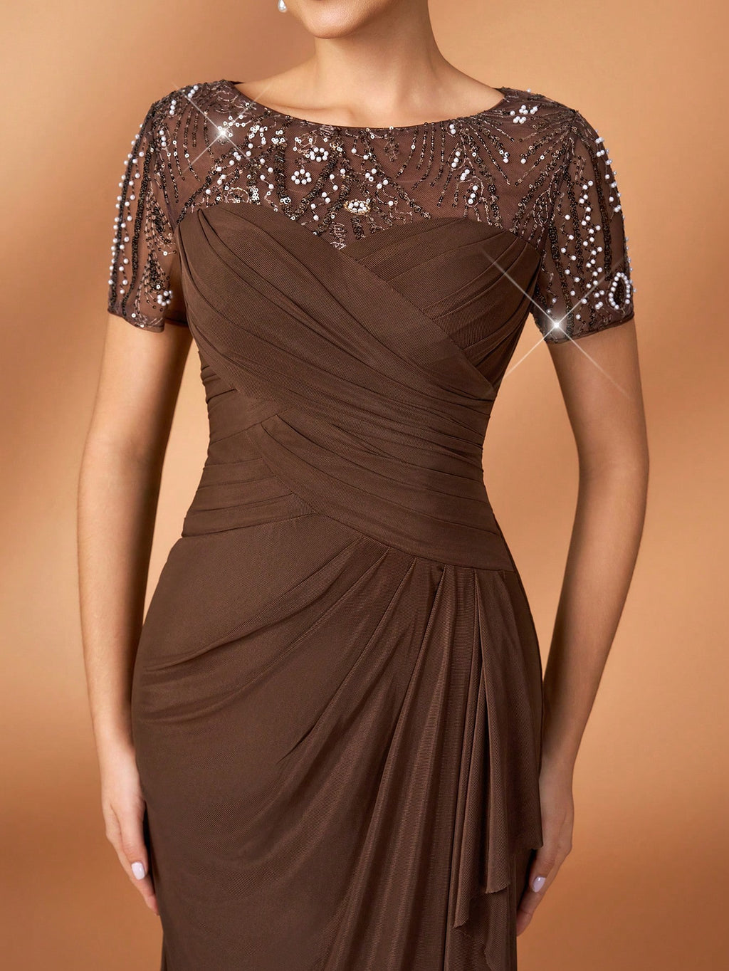 Serin Chocolate Brown Winter Elegant Evening Formal Wedding Pearl Beaded Floral Splice Knit Mesh Ruffle - image 2