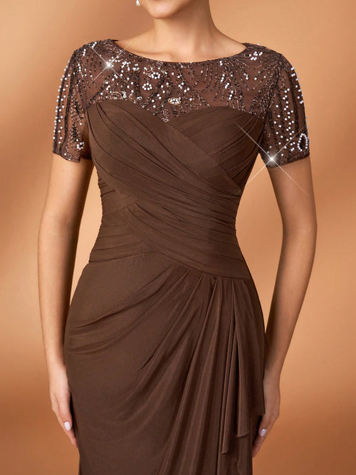 Serin Chocolate Brown Winter Elegant Evening Formal Wedding Pearl Beaded Floral Splice Knit Mesh Ruffle - image 2
