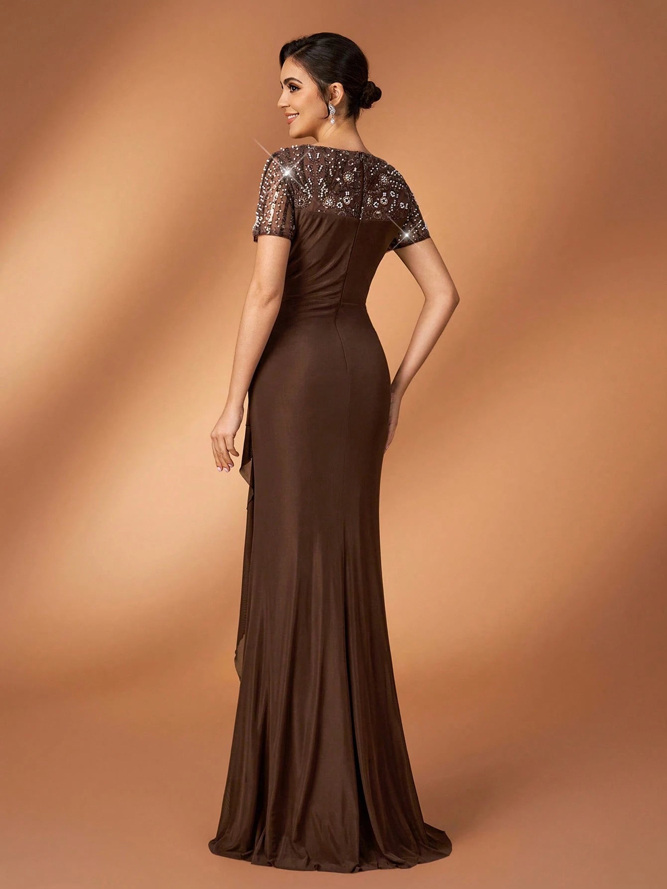 Serin Chocolate Brown Winter Elegant Evening Formal Wedding Pearl Beaded Floral Splice Knit Mesh Ruffle - image 4