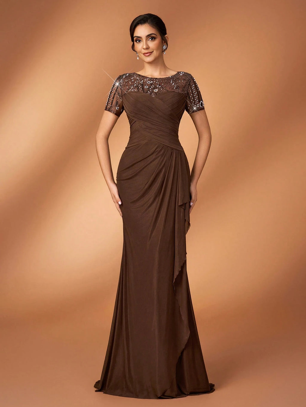 Serin Chocolate Brown Winter Elegant Evening Formal Wedding Pearl Beaded Floral Splice Knit Mesh Ruffle - image 5