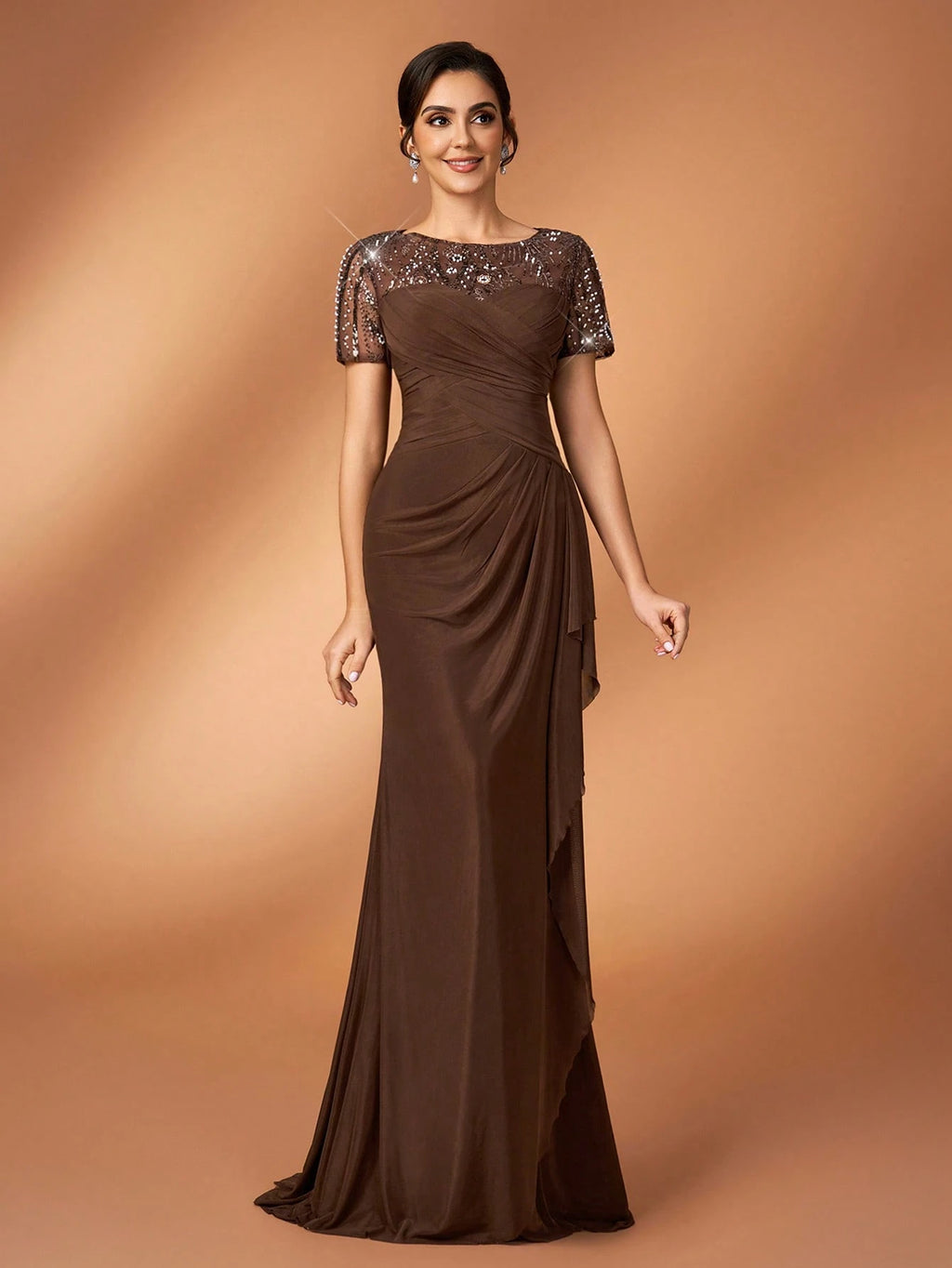 Serin Chocolate Brown Winter Elegant Evening Formal Wedding Pearl Beaded Floral Splice Knit Mesh Ruffle - image 6