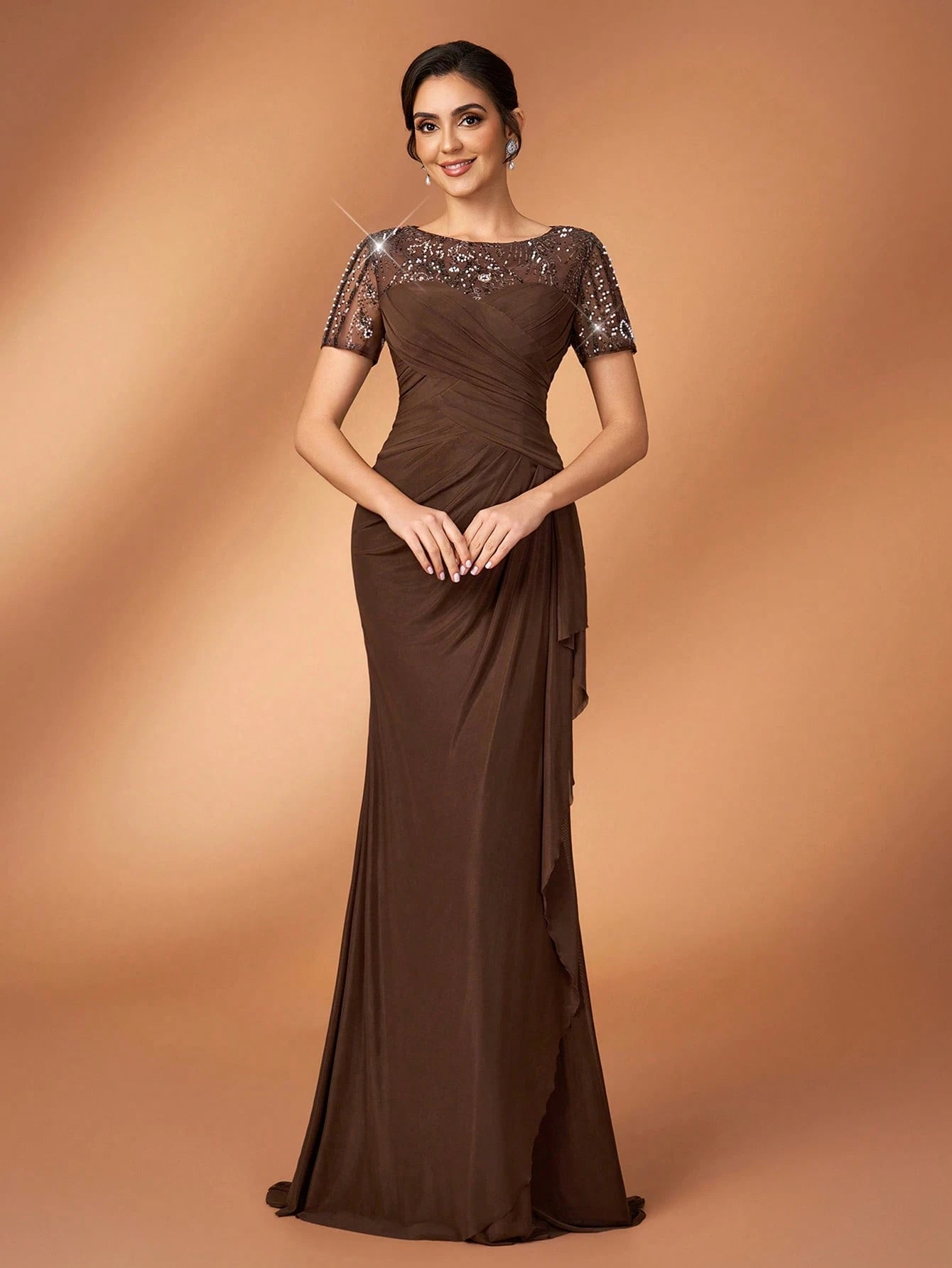 Serin Chocolate Brown Winter Elegant Evening Formal Wedding Pearl Beaded Floral Splice Knit Mesh Ruffle - image 7