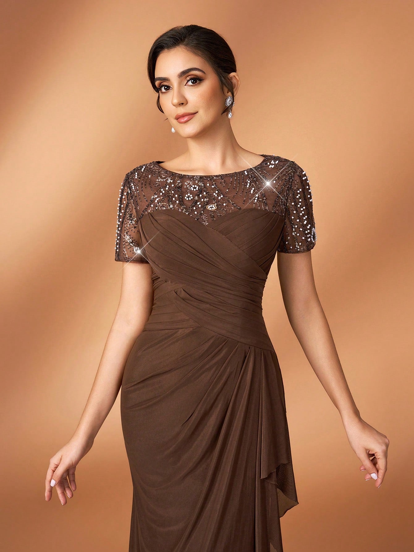 Serin Chocolate Brown Winter Elegant Evening Formal Wedding Pearl Beaded Floral Splice Knit Mesh Ruffle - image 8