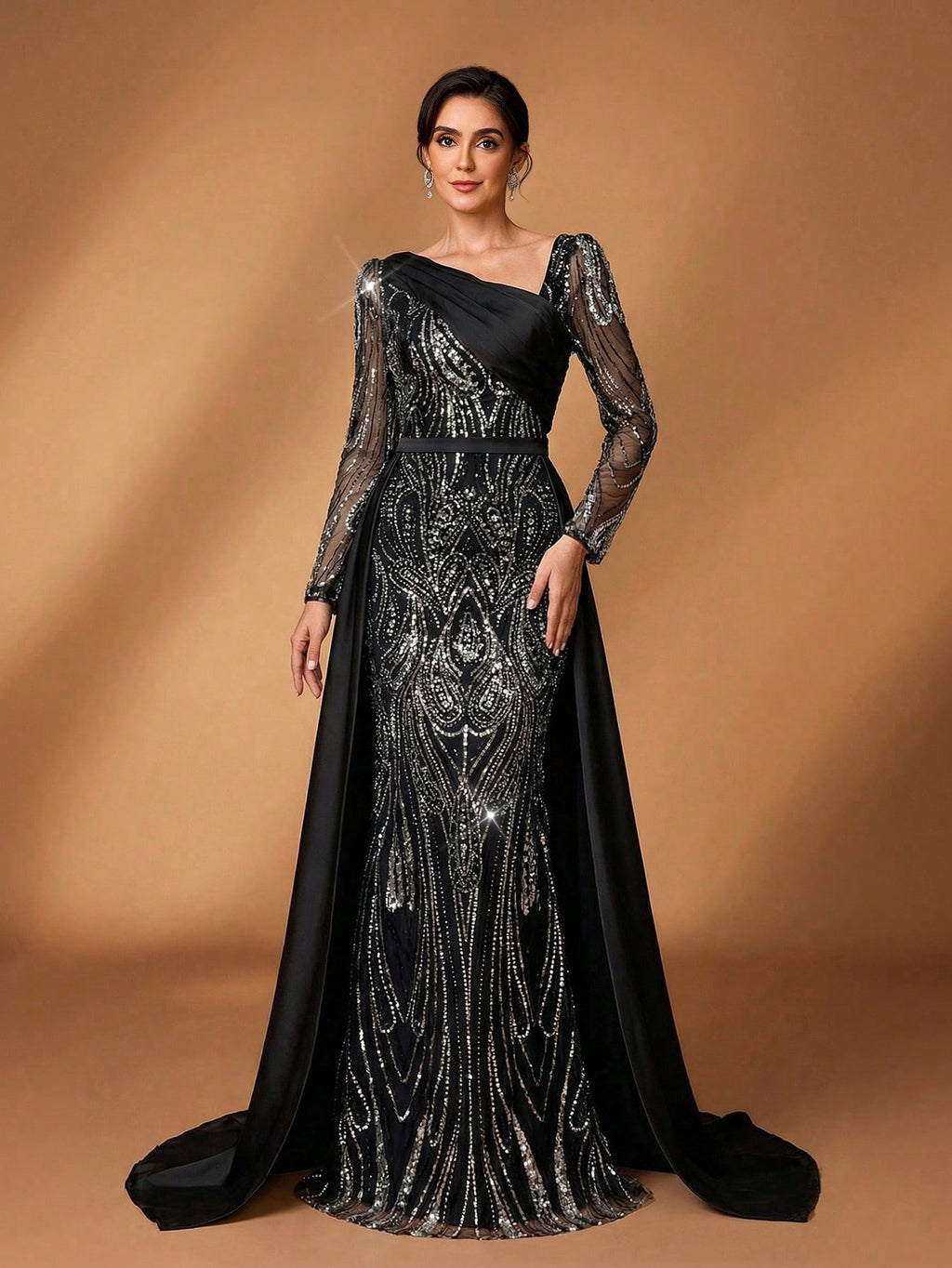 Serin Elegant Navy Blue Winter Formal Evening Wedding Dress,Luxurious Middle Eastern Sequin Mermaid Hem