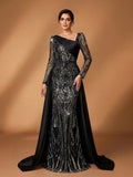 Serin Elegant Navy Blue Winter Formal Evening Wedding Dress,Luxurious Middle Eastern Sequin Mermaid Hem