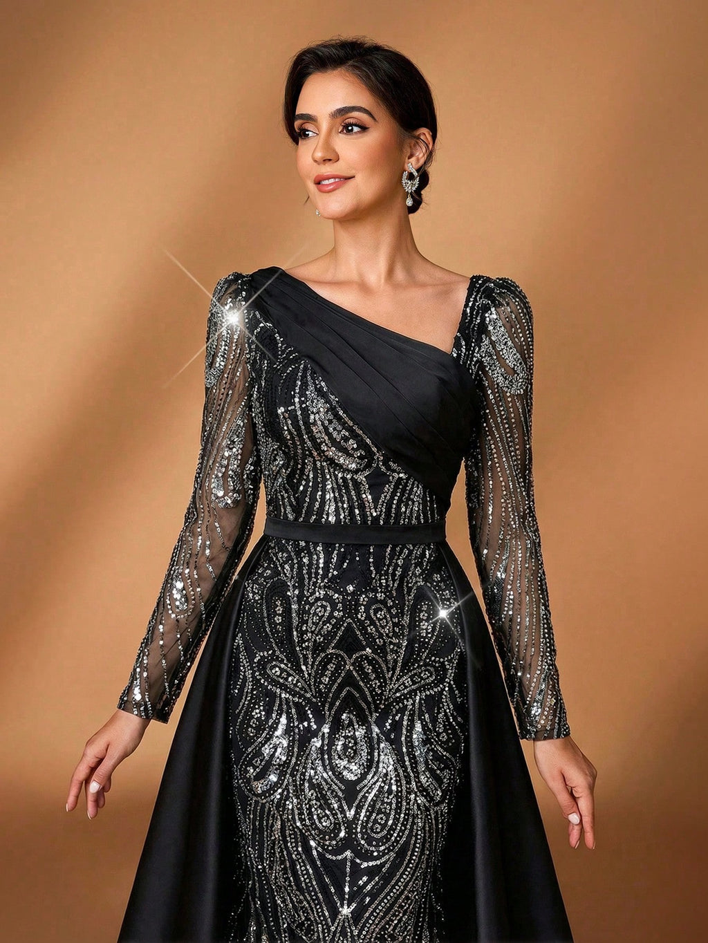 Serin Elegant Navy Blue Winter Formal Evening Wedding Dress,Luxurious Middle Eastern Sequin Mermaid Hem - image 3