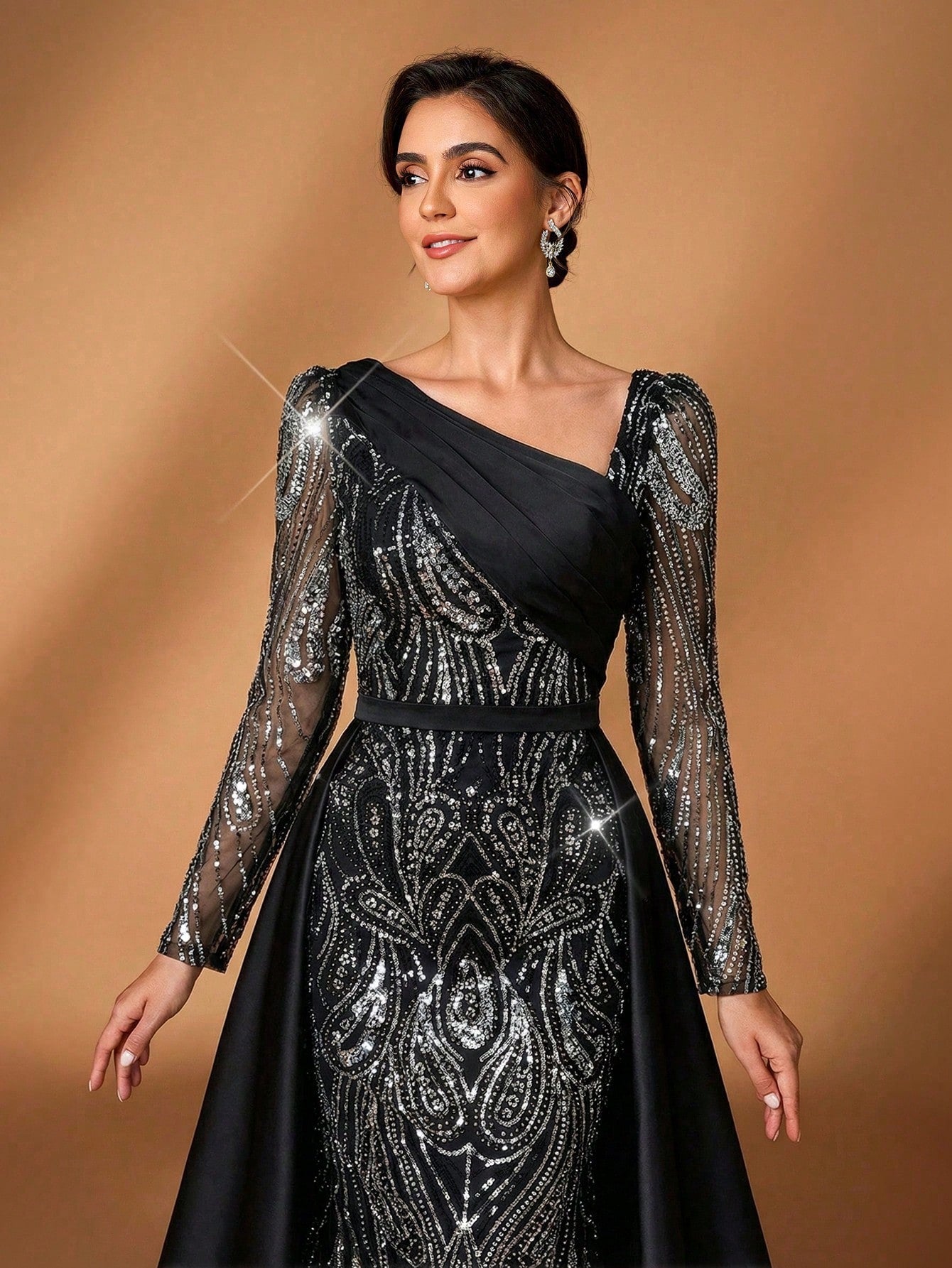 Serin Elegant Navy Blue Winter Formal Evening Wedding Dress,Luxurious Middle Eastern Sequin Mermaid Hem - image 3