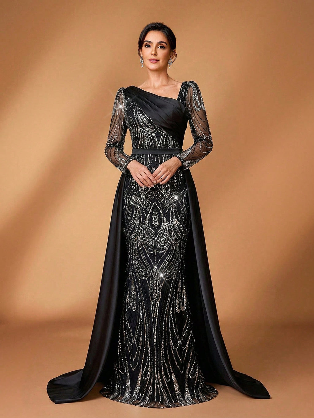 Serin Elegant Navy Blue Winter Formal Evening Wedding Dress,Luxurious Middle Eastern Sequin Mermaid Hem - image 5