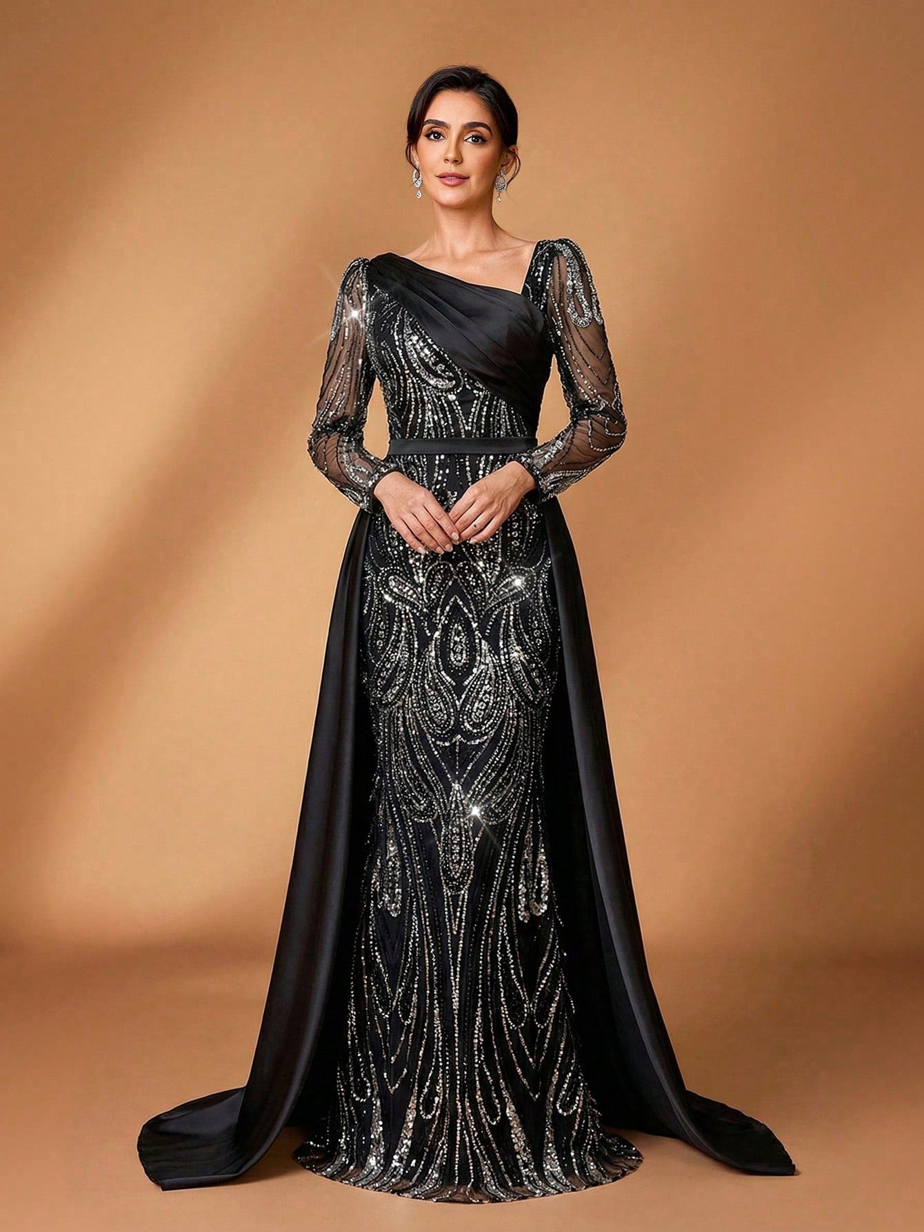 Serin Elegant Navy Blue Winter Formal Evening Wedding Dress,Luxurious Middle Eastern Sequin Mermaid Hem - image 5