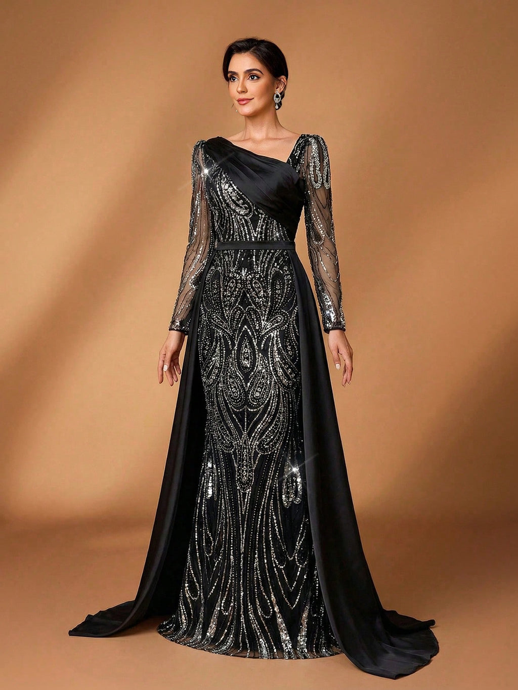Serin Elegant Navy Blue Winter Formal Evening Wedding Dress,Luxurious Middle Eastern Sequin Mermaid Hem - image 6