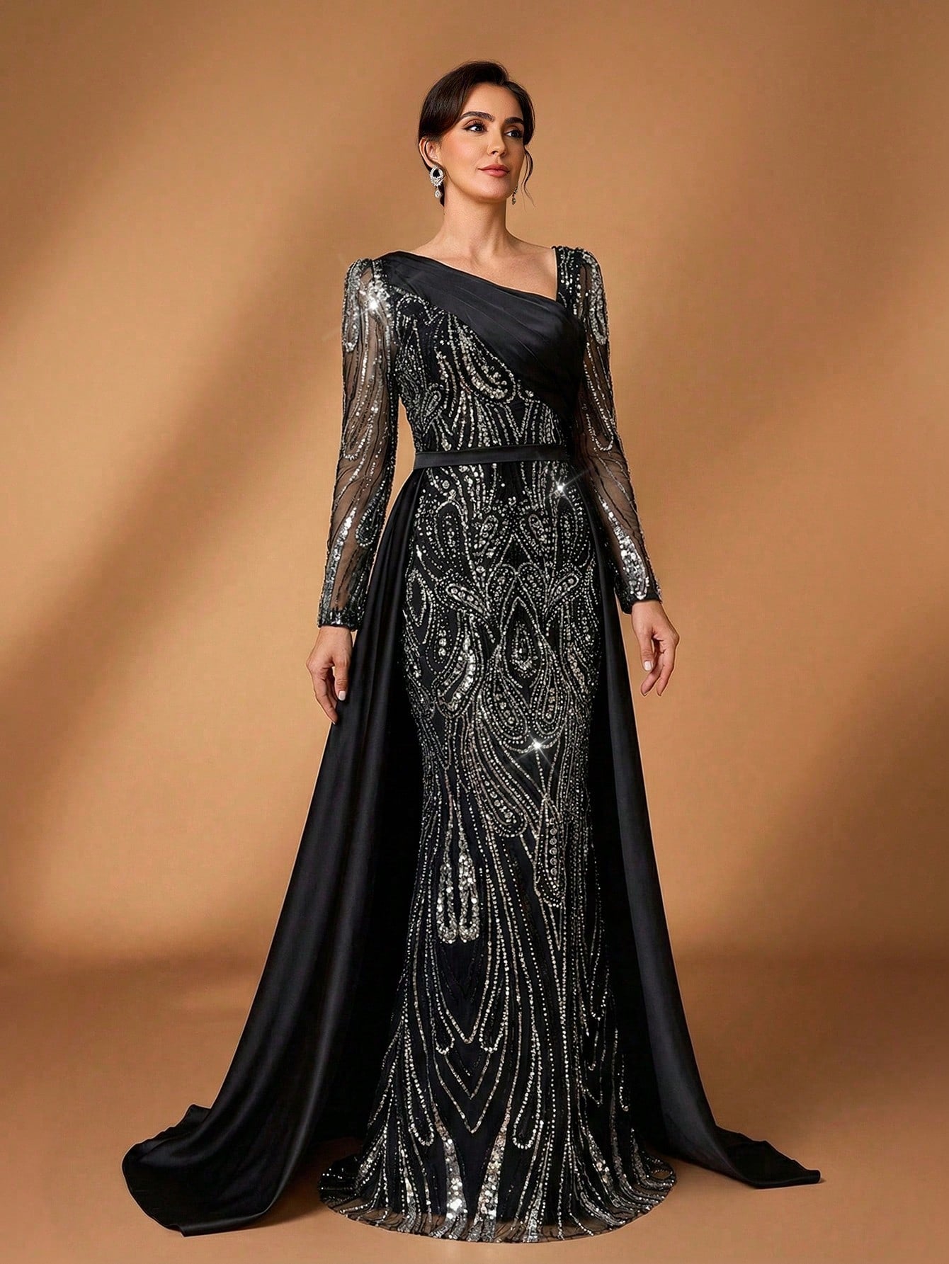 Serin Elegant Navy Blue Winter Formal Evening Wedding Dress,Luxurious Middle Eastern Sequin Mermaid Hem - image 7