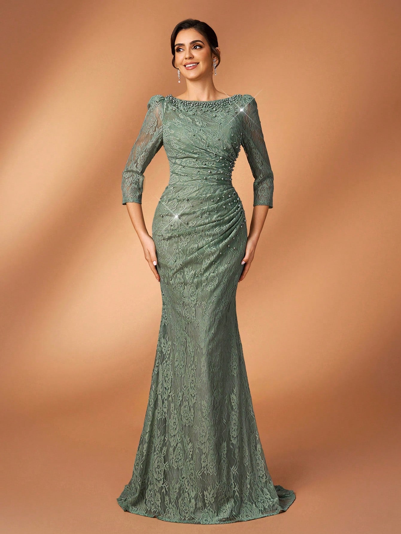 Serin Sage Green Winter Elegant Formal Wedding Bride & Mother Of The Bride Evening Gowns,Diamond Beaded Lace - image 9