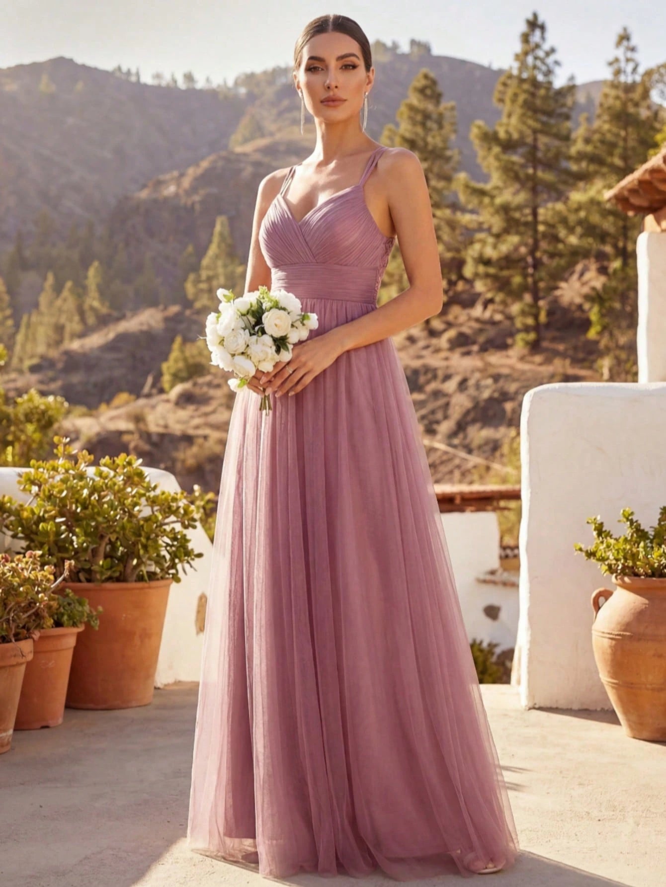 EVERPRETTY Elegant Lace Contrast Mesh Backless Pink Bridesmaid Dress,