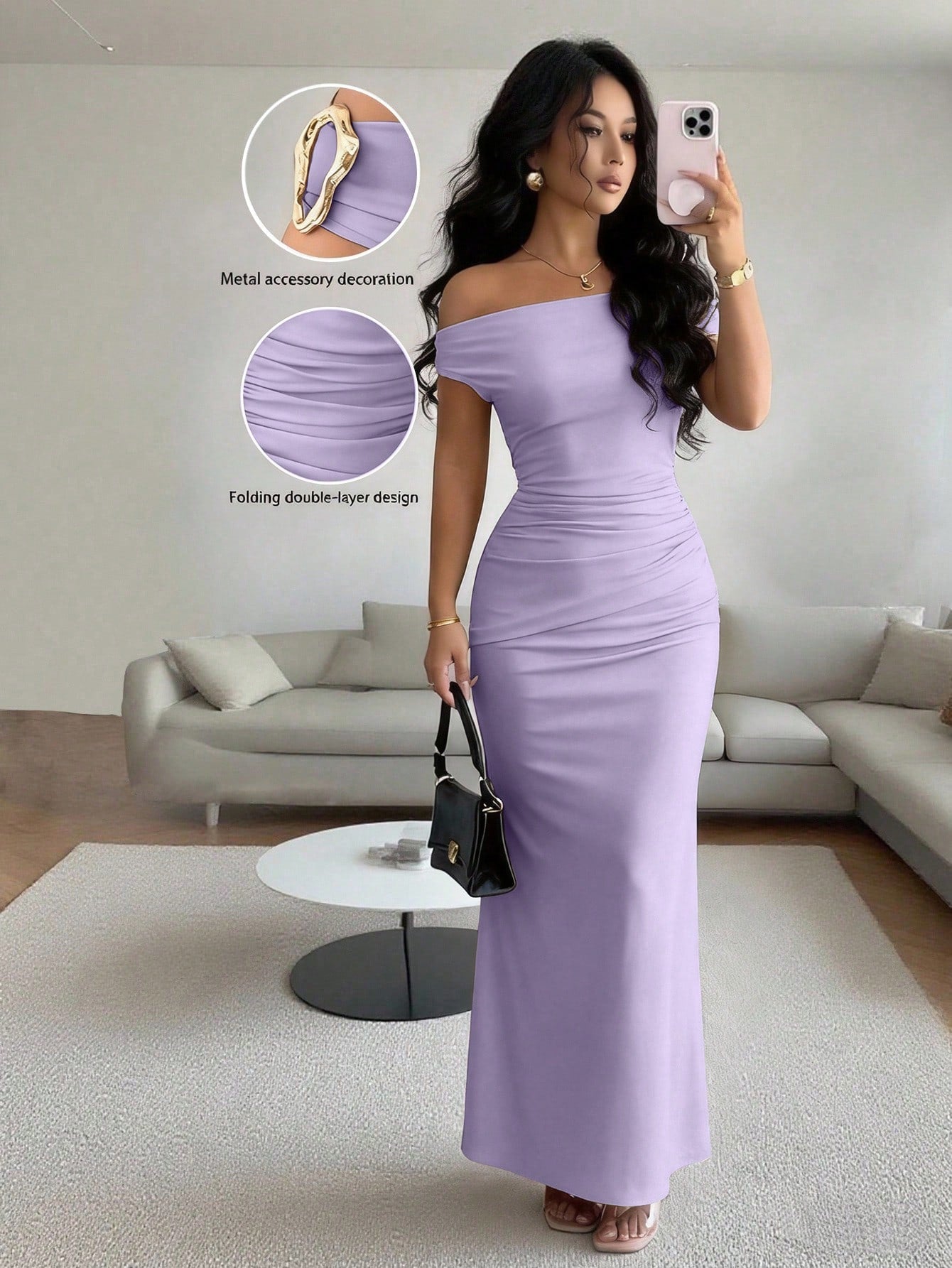 Rafferiza Elegant Ruched Off-Shoulder Metallic Accent Fitted Party