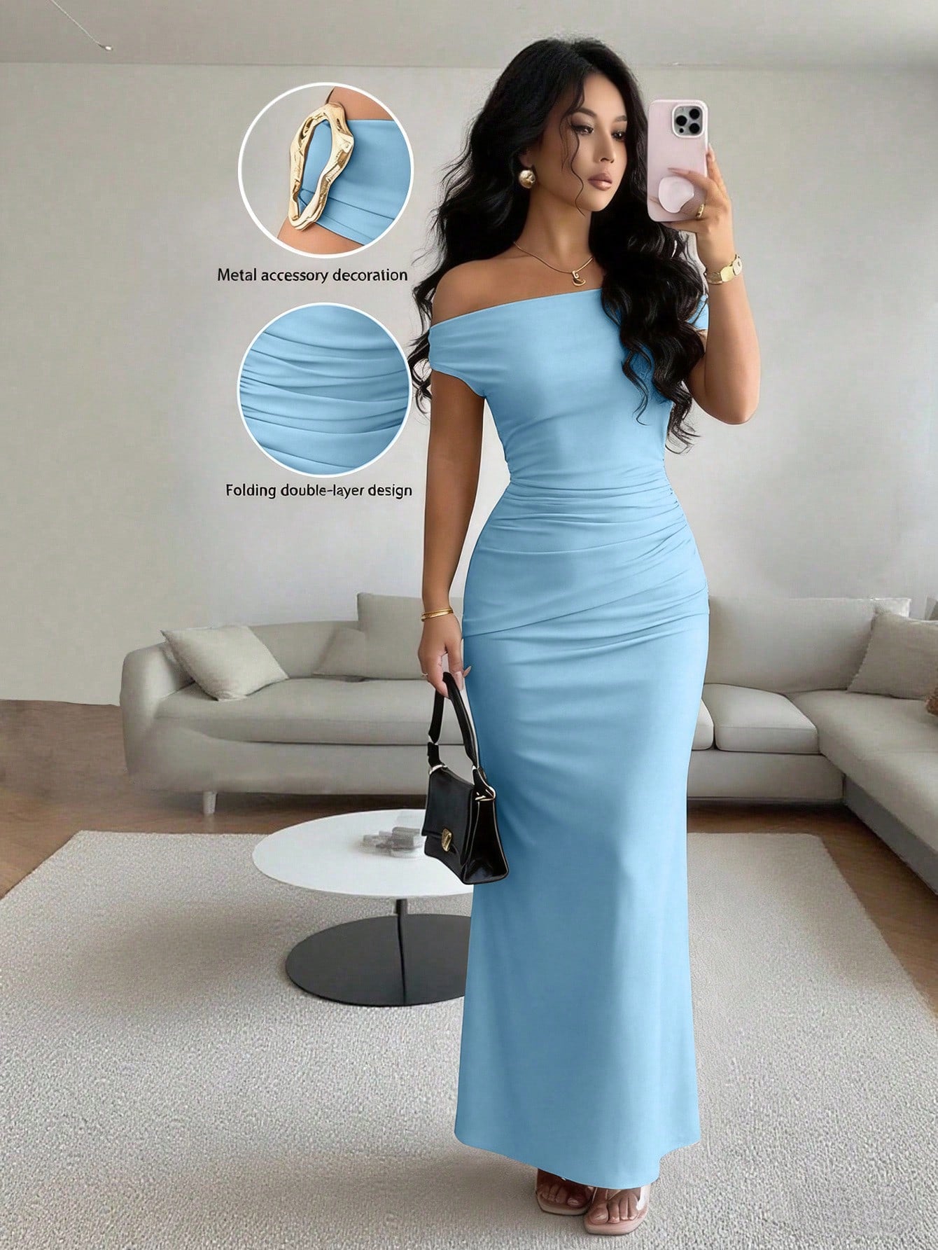 Rafferiza Elegant Ruched Off-Shoulder Metallic Accent Fitted Party Dress For Women - image 11
