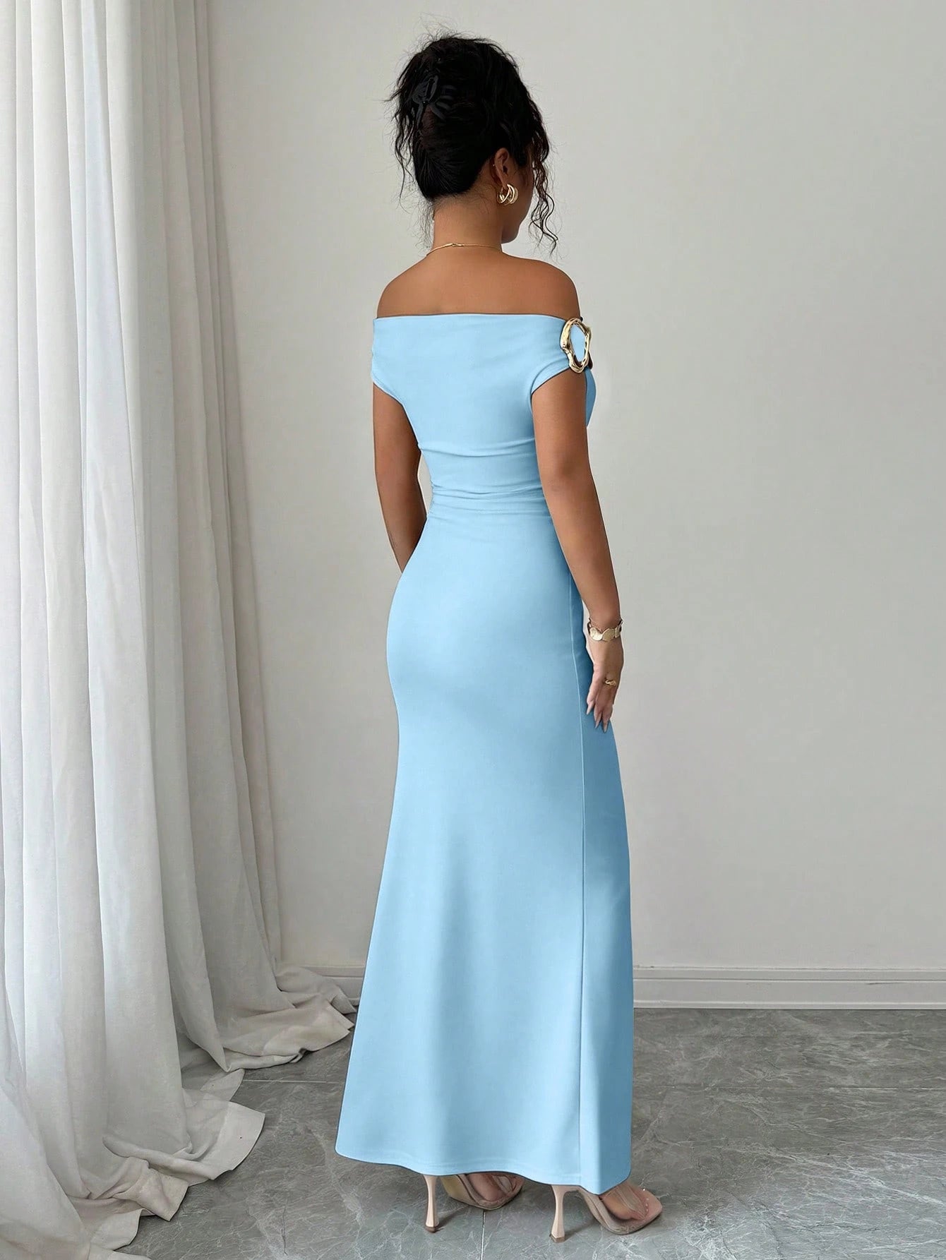 Rafferiza Elegant Ruched Off-Shoulder Metallic Accent Fitted Party Dress For Women - image 12