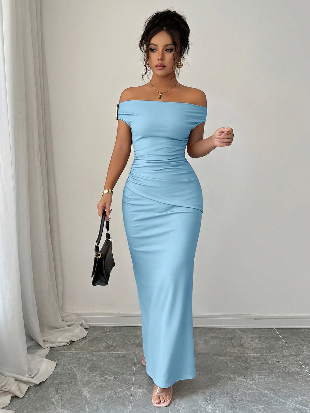 Rafferiza Elegant Ruched Off-Shoulder Metallic Accent Fitted Party Dress For Women - image 14
