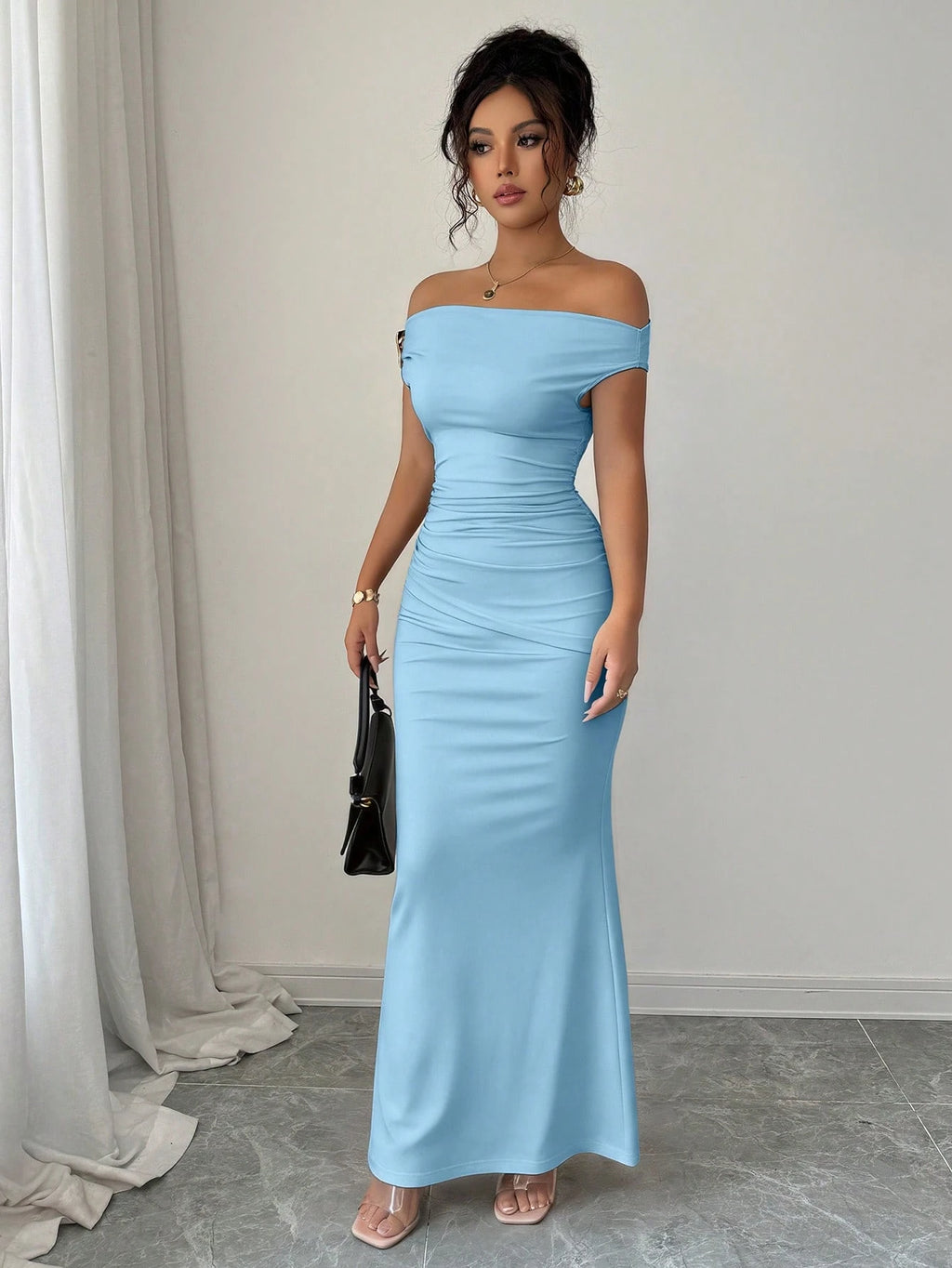 Rafferiza Elegant Ruched Off-Shoulder Metallic Accent Fitted Party Dress For Women - image 15