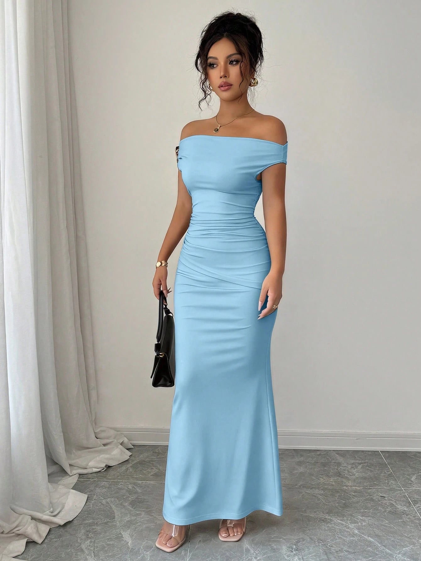 Rafferiza Elegant Ruched Off-Shoulder Metallic Accent Fitted Party Dress For Women - image 15