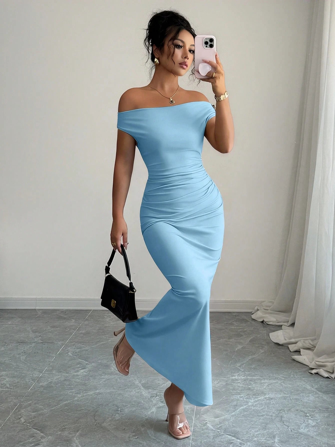 Rafferiza Elegant Ruched Off-Shoulder Metallic Accent Fitted Party Dress For Women - image 16