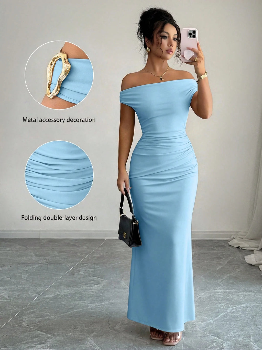 Rafferiza Elegant Ruched Off-Shoulder Metallic Accent Fitted Party Dress For Women - image 18