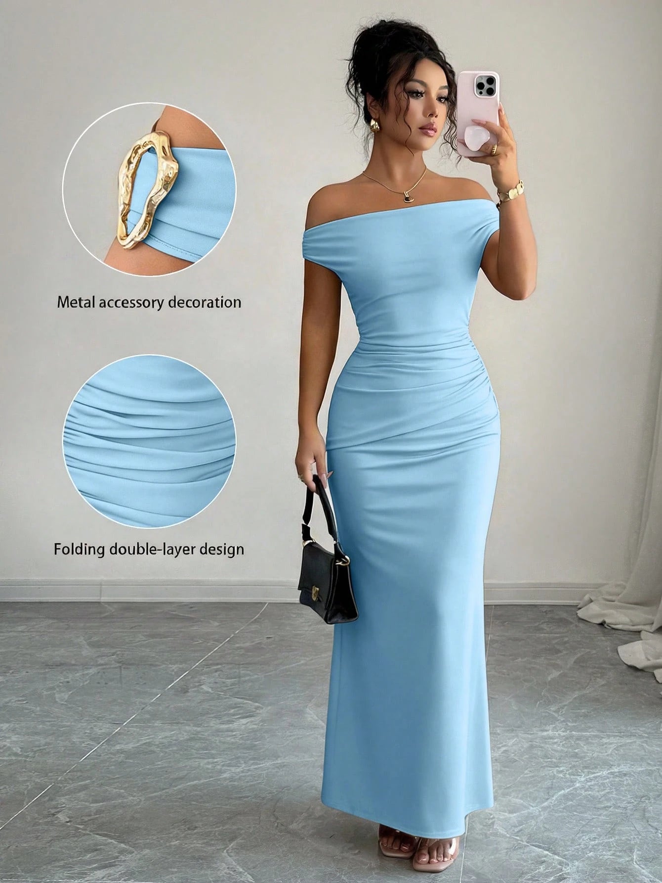 Rafferiza Elegant Ruched Off-Shoulder Metallic Accent Fitted Party Dress For Women - image 18