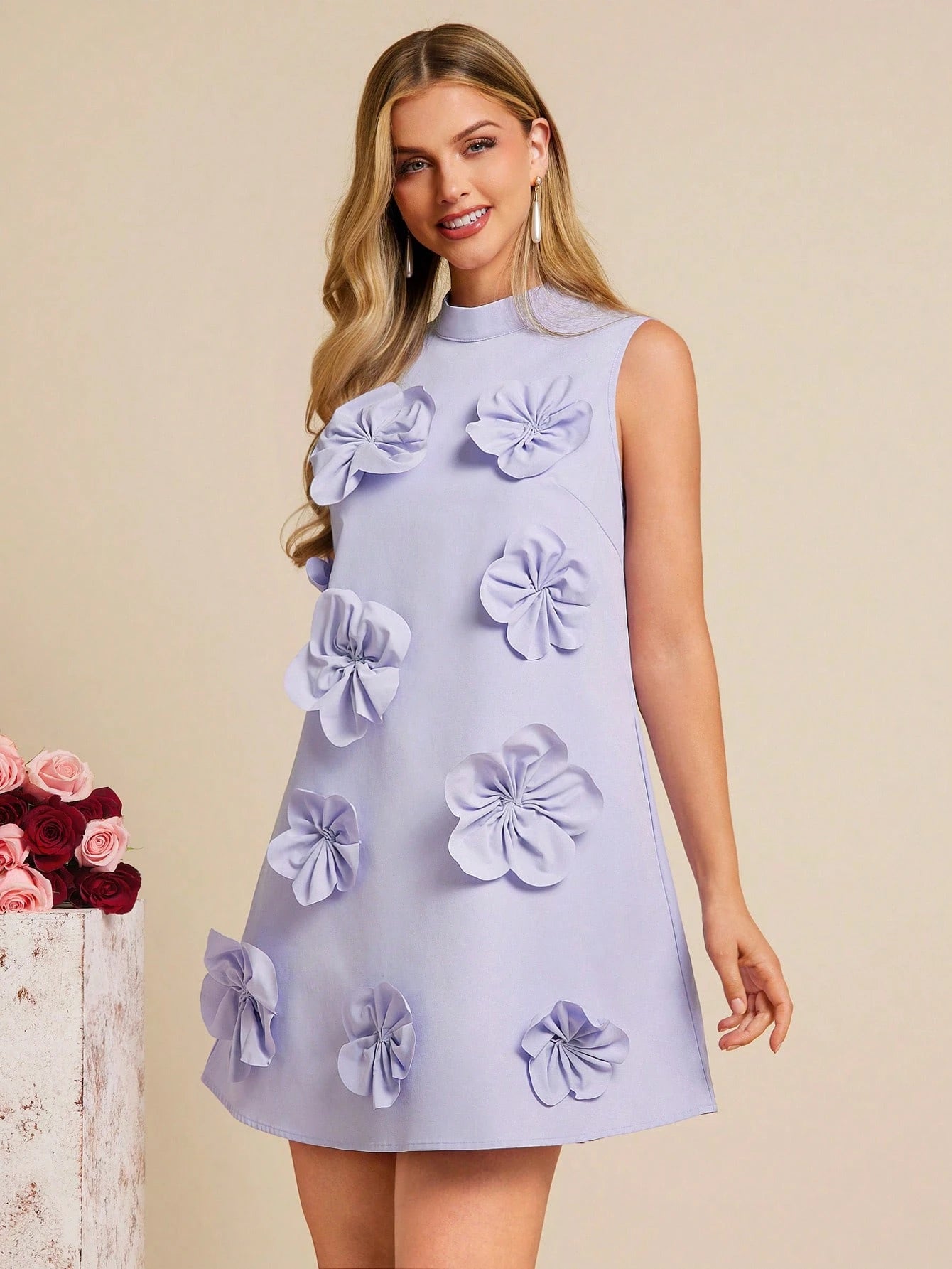 Amorya Elegant Lavender Summer Tea Party 3D Floral Handmade Fitted Mini Dress,Customized High-End Flower - image 7