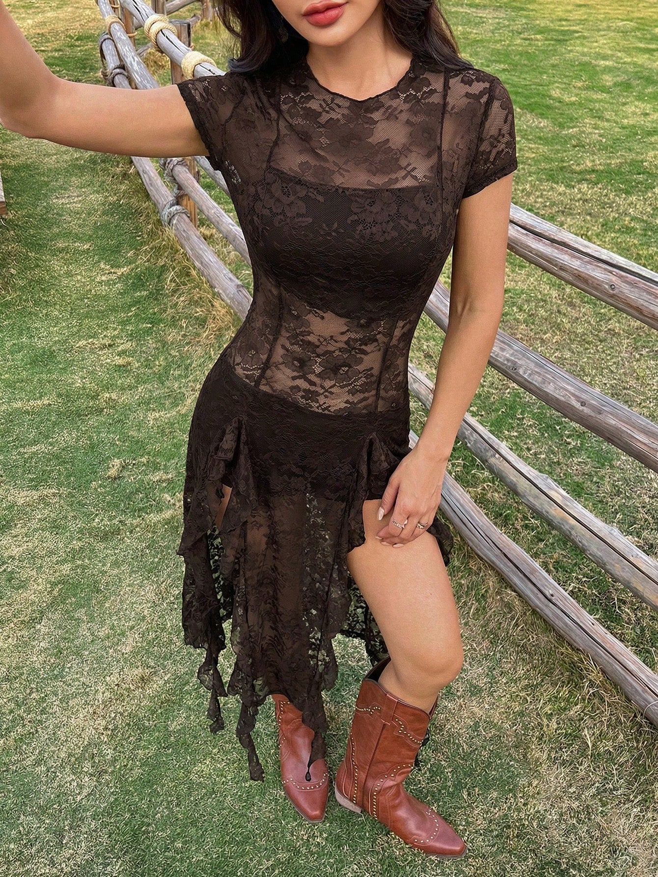 EZwear Summer Concert Outfit Women Western Lace Dresses Music Festival Black See-Through Outfit - image 15