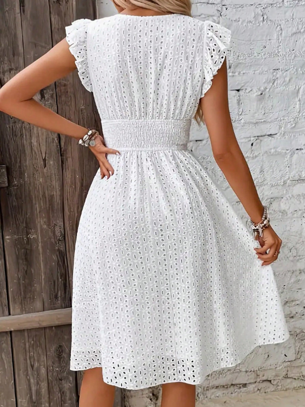 Women's White V-Neck Dress - Jacquard Hollow Ruffled Waist Cinched, French Gentle Style Summer Slim A-Line - image 2