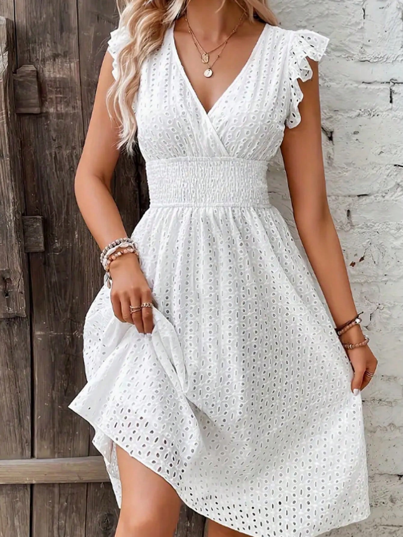 Women's White V-Neck Dress - Jacquard Hollow Ruffled Waist Cinched, French Gentle Style Summer Slim A-Line - image 5