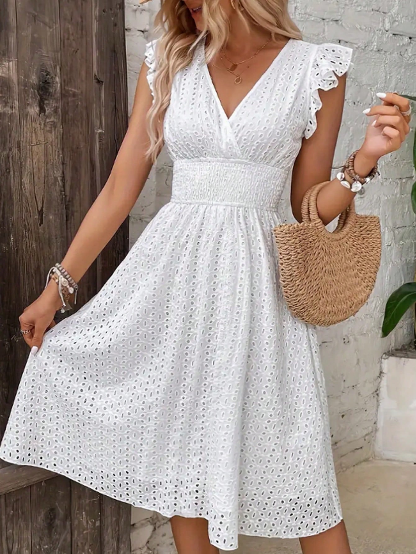 Women's White V-Neck Dress - Jacquard Hollow Ruffled Waist Cinched, French Gentle Style Summer Slim A-Line - image 4