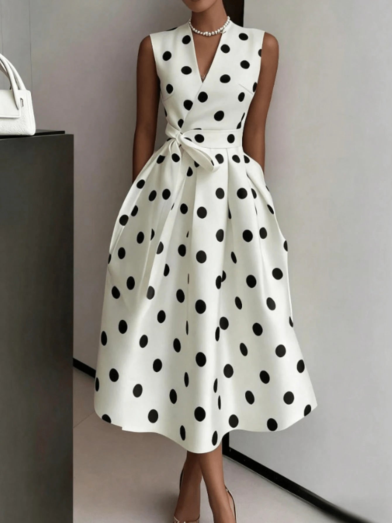Women's Elegant Pink Polka Dot Midi Dress With Deep V Neck And Bow Detail, Sleeveless Fit And Flare Casual