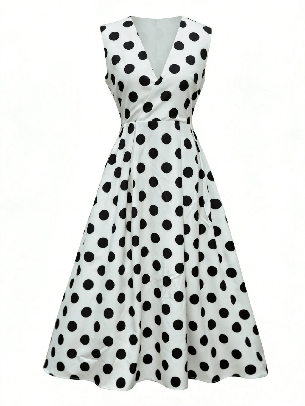 Women's Elegant Pink Polka Dot Midi Dress With Deep V Neck And Bow Detail, Sleeveless Fit And Flare Casual - image 2
