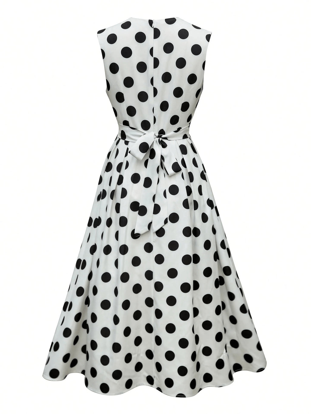 Women's Elegant Pink Polka Dot Midi Dress With Deep V Neck And Bow Detail, Sleeveless Fit And Flare Casual - image 3