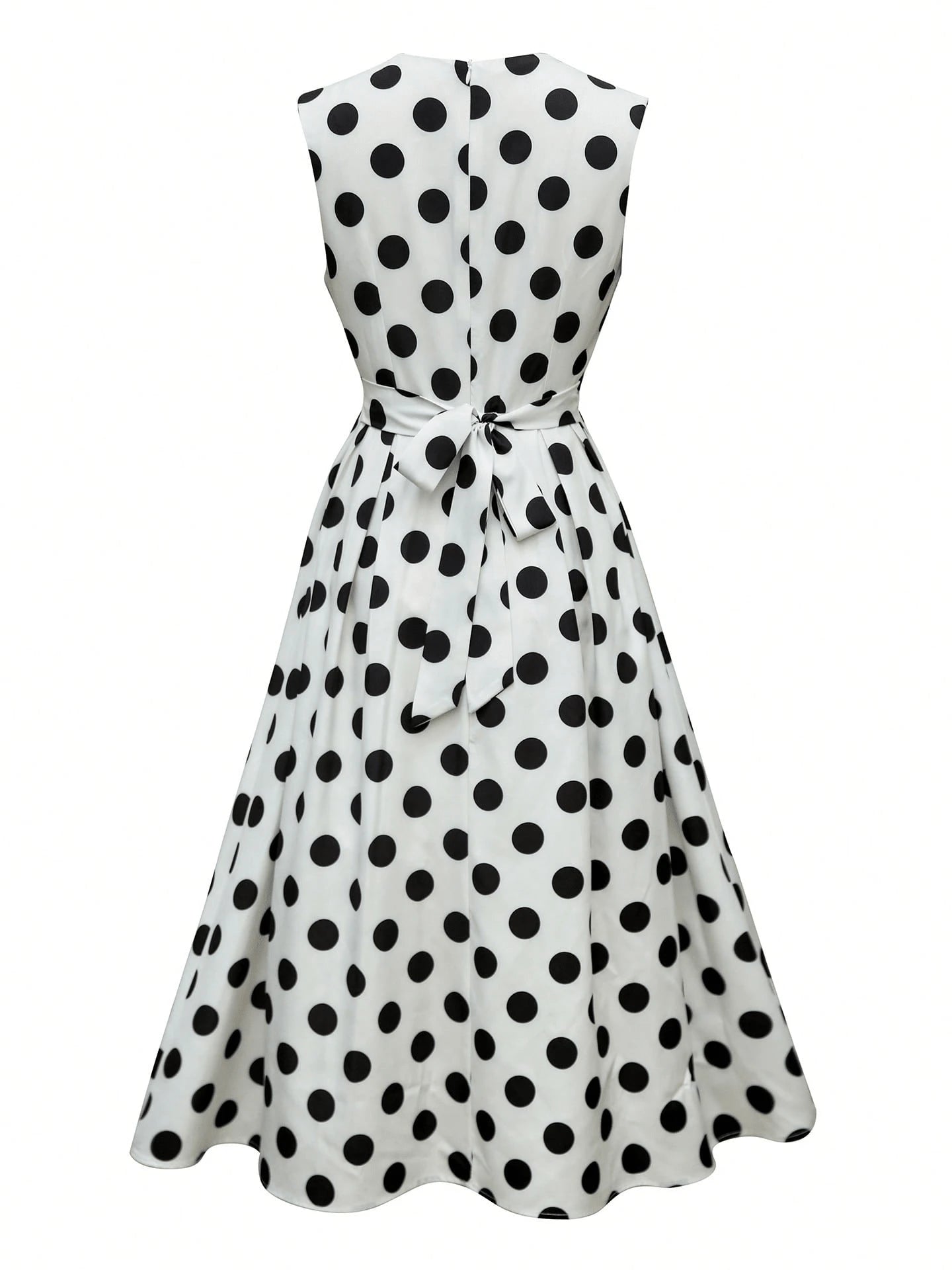 Women's Elegant Pink Polka Dot Midi Dress With Deep V Neck And Bow Detail, Sleeveless Fit And Flare Casual - image 3