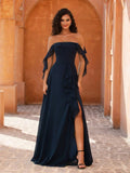 MOEVIO Women's Elegant Open Shoulder Ruffle Sleeve A-Line Thigh-High Slit Bridesmaid Wedding Guest Formal